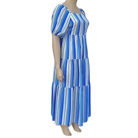 New Melonie Women White Blue Stripes Square Neck Puff Sleeve Maxi Dress 14 - Picture 3 of 4